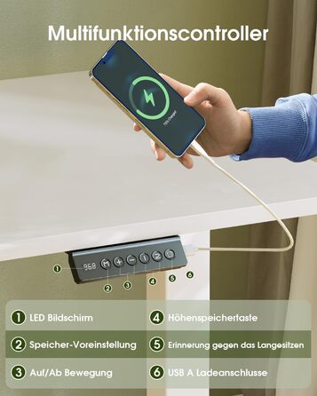 Електричний регульований стіл Flamaker з пам'яттю, ігровий стіл з USB-зарядкою (160 x 60 см)