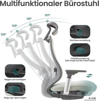 Офісний крісло Colamy XK Atlas з ергономічним дизайном, сітчаста спинка, регульована підголівник, поворотний крісло для комп'ютера з 4D підлокітниками, алюмінієва база, регульоване сидіння, фіксація нахилу, темно-сірий колір