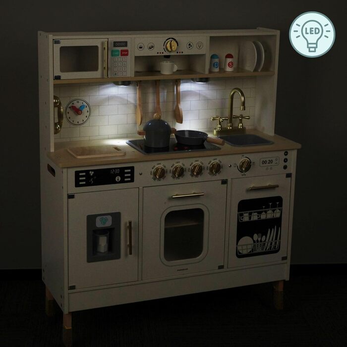 Дерев'яна дитяча кухня Mamabrum з LED-підсвічуванням - ігровий набір кухонь з регульованою висотою, з приготуванням кубиків льоду, мікрохвильовою піччю, плитою та посудомийною машиною. Іграшка для дітей від 3 років