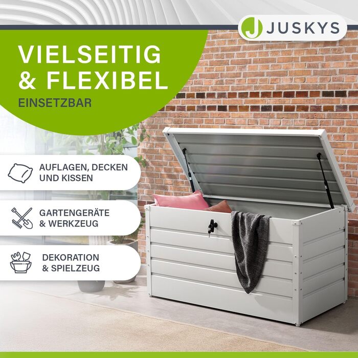 Ящик для зберігання вуличний Juskys Metall Limani 380л - водонепроникний, з замком - для саду, подушок, меблів (білий)