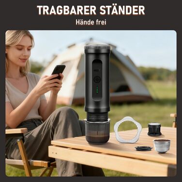 Портативна кавомашина ICARE з акумулятором, 2-в-1 для капсул NS та меленої кави, самонагріваюча, USB-C, індикатор заряду, для кемпінгу, подорожей та в дорогу (Чорний)