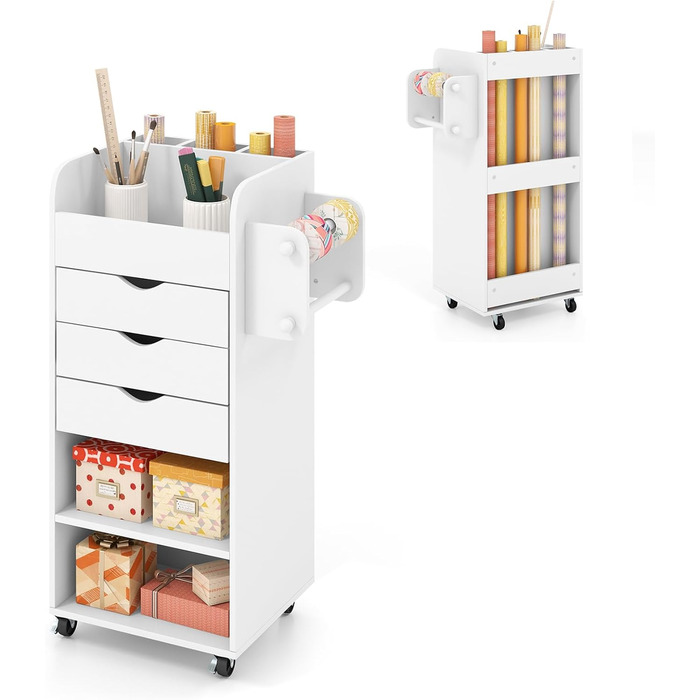 Роликовий контейнер COSTWAY з 3 висувними ящиками, робочий візок з 2 ручками та 3 полицями, дерев'яний шафка на колесах, багатофункціональний візок для офісу/кабінету (білий)