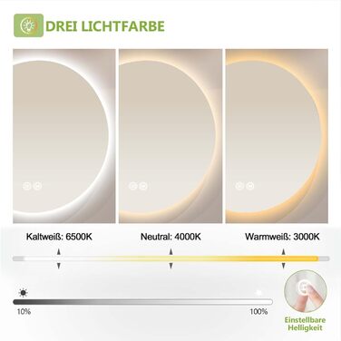 Круглий дзеркало для ванної кімнати з підсвічуванням S'AFIELINA 60 см LED з сенсорним вимикачем, 3 кольори світла (теплий, нейтральний, холодний), регулювання яскравості, 60x60 см