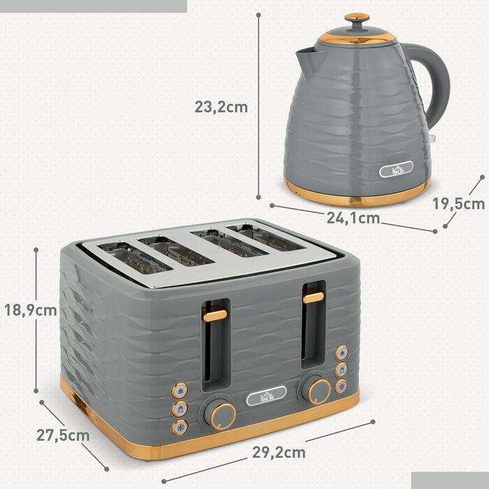 Набір для сніданку HOMCOM: чайник 1.7л, тостер на 4 тости, 2200W, 7 рівнів підсмажування, функція розморожування та підігріву, зйомний піддон для крихт, сірий