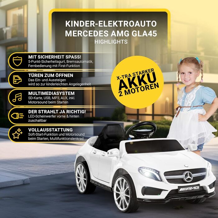 Дитячий електромобіль Mercedes AMG GLA45 з пультом, ліцензійний, білий, електроавто для дітей від 3 років