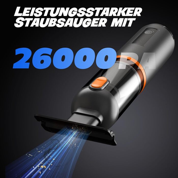 Акумуляторний ручний пилосос для авто та дому 4-в-1, безщітковий мотор, потужність 26000Па, 3 режими всмоктування, з підсвіткою (Помаранчевий)