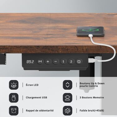 Ергономічний регульований стіл з USB, 140x60 см, комп'ютерний стіл для дому, коричневий
