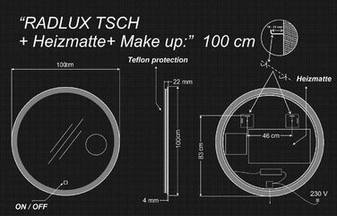 Дзеркало для ванної кімнати з підсвічуванням LED, діаметр 90 см, кругле. Нейтральне світло 4000K. Без додаткових функцій. Розміри 100x100 см.