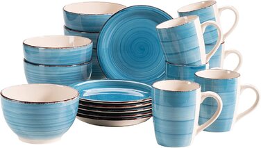 Сніданок MSER 931496 Bel Tempo II на 6 персон у вінтажному стилі, кераміка з ручним розписом, набір посуду з 18 предметів, глиняний посуд (синього кольору)