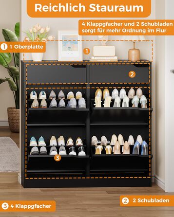 Шкаф для взуття IRONCK з 4 дверцятами, вузький, з 2 висувними ящиками, окремо стоячий, з регульованими перегородками, для передпокою, входу та вітальні (Білий) Білий (100x23.5x98см, Чорний)