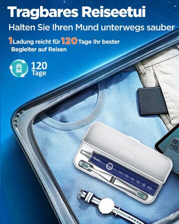 Електрична зубна щітка зі звуковими вібраціями, 8 насадок (3 типи), таймер, 120 днів роботи від акумулятора, 5 режимів чищення, чохол для подорожей, зарядний пристрій для стіни, синій колір