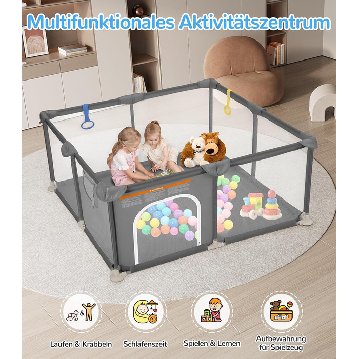 Дитячий манеж Dripex 124x124 см, сірий, з дихаючим мережем, Oxford 210D, для гри та безпеки