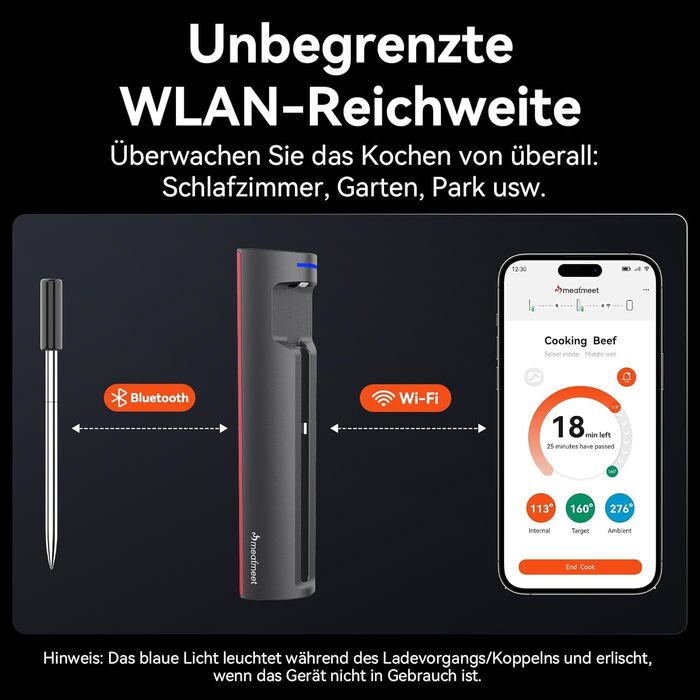 Бездротовий термометр для м'яса з Wi-Fi та Bluetooth, моніторинг через додаток, таймер та сповіщення, водонепроникний (IP67) та маслостійкий, для BBQ, духовки, гриля, кухні MMP1