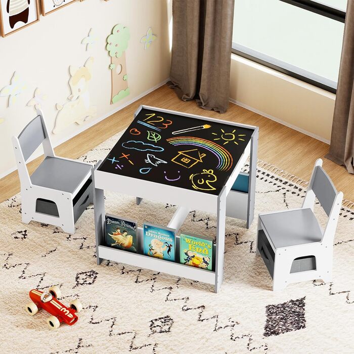 Дитячий стіл COSTWAY з 2 стільцями: дерев'яний набір 4-в-1 з полицями та ящиками для зберігання (від 3 років)
