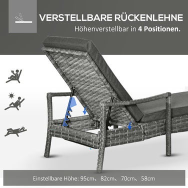 Outsunny Sun Lounger Ротанговий шезлонг Садовий шезлонг з регульованим чохлом на подушці сірий 192x62.5x52.5см для тераси та балкона