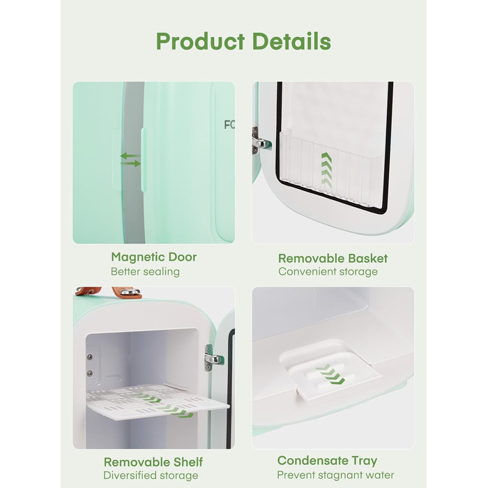 Міні холодильник FOHERE 5 літрів / 6 банок, USB живлення, 220V AC/12V DC, для напоїв та догляду за шкірою, білий (зелений)