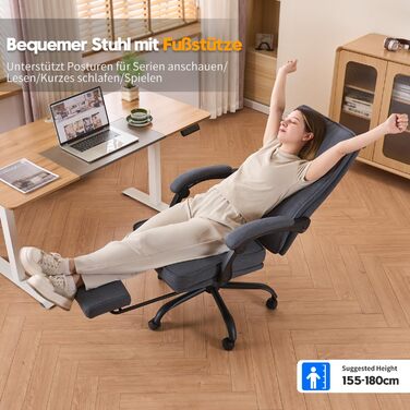 Ергономічне крісло для офісу, комп'ютерне крісло для начальника з регульованою спинкою 90-135° та підніжкою, сіре, тканина, 150 кг