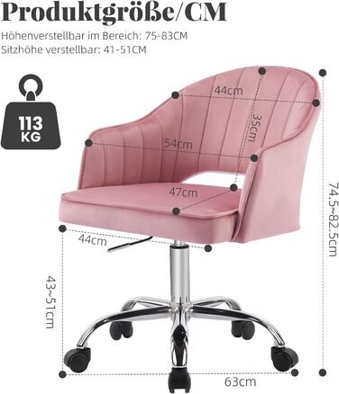 Крісло для офісу Fiximaster Homeoffice, крісло для робочого столу, обертове, регульоване по висоті, з велюру, ергономічне, для робочого кабінету/спальні, до 113 кг, рожеве