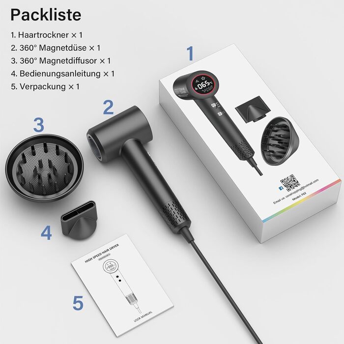 Професійний фен для волосся з дифузором, безщітковий мотор 110 000 об/хв, 400 млн плазмових іонів, низький рівень шуму 57дБ, чорний