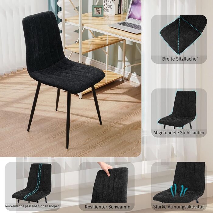 Набір стільців для їдальні, м'які стільці з льоновим покриттям та чорними металевими ніжками, смугастий дизайн, підходять для їдальні, вітальні, спальні, кухні, рецепції (2 шт., смугасті, чорні)