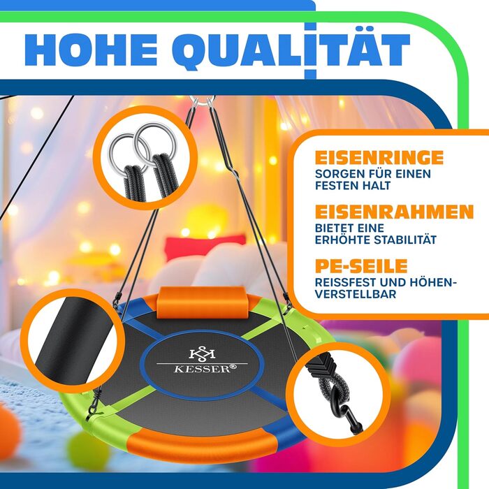 Шоукель KESSER® Tellershaukel Ø 120cm, до 300кг, з подушкою та 4 ручками, регульована, для дітей та дорослих, Indoor & Outdoor, кольорова