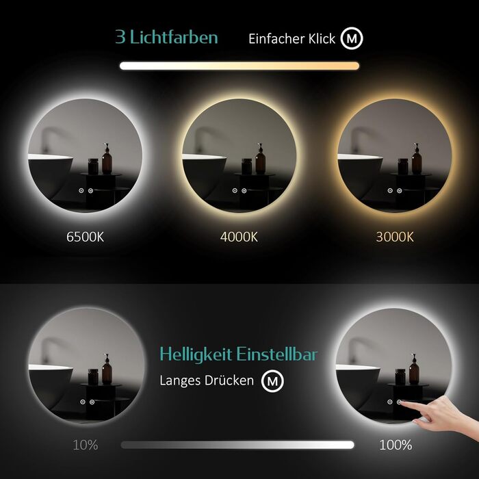 Дзеркало для ванної кімнати EMKE з підсвічуванням, діаметр 50 см, регулювання яскравості, функція пам'яті, IP44, енергозбереження, 3 кольори світла, 80x80 см