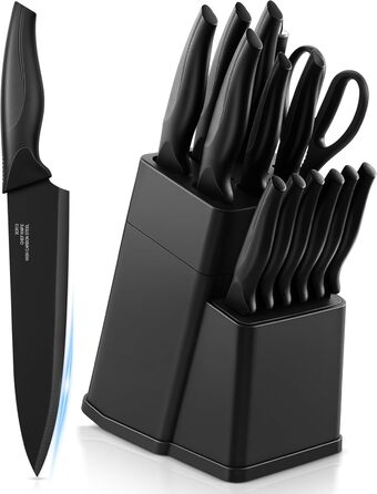 Набір ножів Homikit 15 предметів з підставкою: кухонні ножі з нержавіючої сталі, веточки, 6 ножів для стейків, чорний