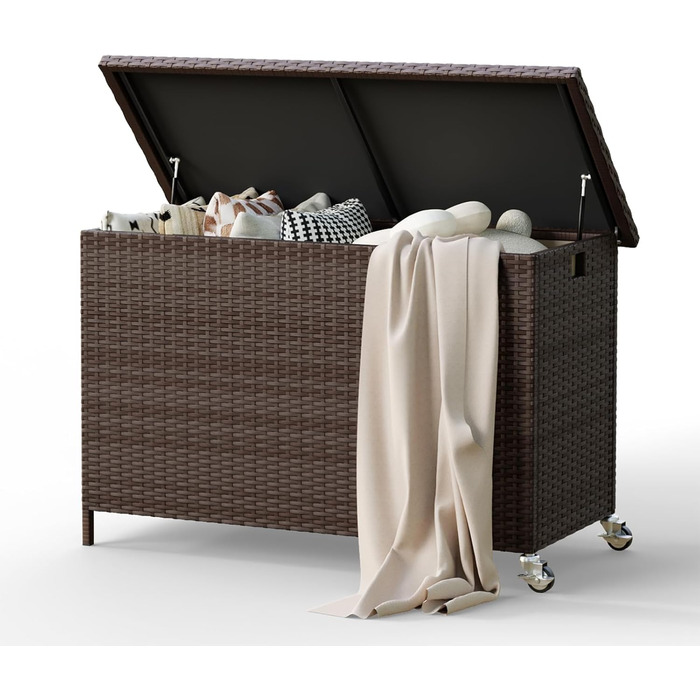 Водонепроникний садовий ящик Amopatio Gartenbox 480л з поліротангу, металевий з колесами та газліфтом для саду, балкону - коричневий