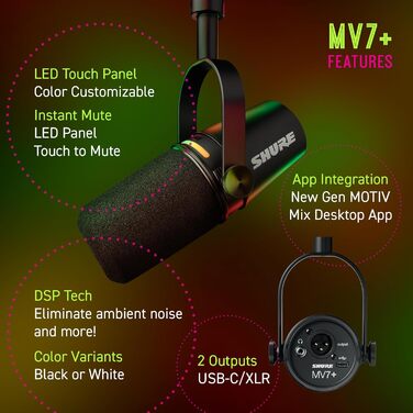 Мікрофон Shure MV7+ для подкастів, студійний, USB-C/XLR, LED-панель, авто-рівень, цифровий поп-фільтр, ефекти, для запису, стрімінгу, чорний