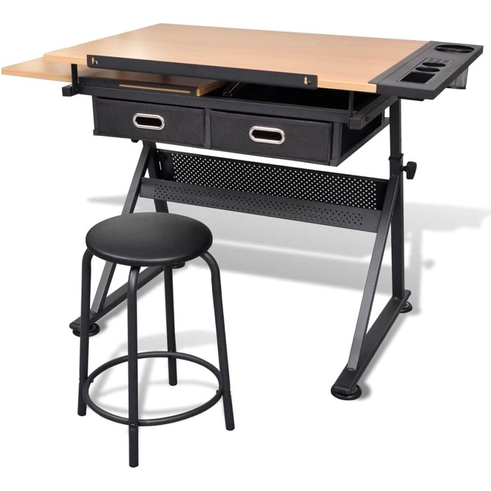 Робочий стіл для офісу, стіл для малювання та креслення з 2 шухлядами, регульований нахил, стіл для художника з табуретом