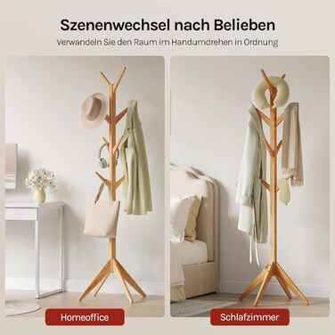 Вільхувана вішалка для одягу WOLTU з 8 гачками, 180 см, дерев'яна, настінна, для дому