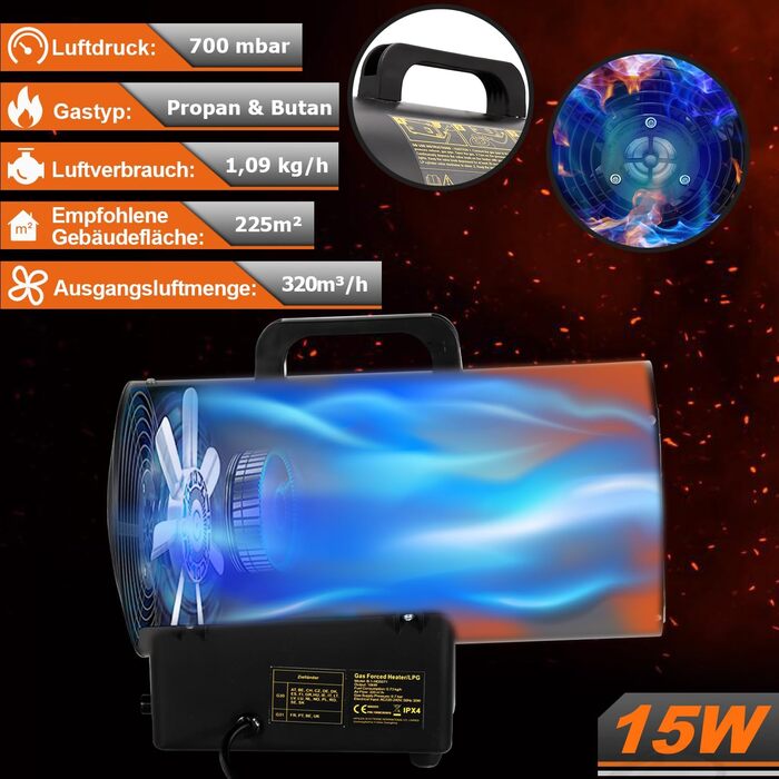 Газовий нагрівач з вентилятором, 15 кВт, з газовим шлангом 1,2 м та редуктором тиску 700 мбар, нержавіюча сталь, Piezo-запалювання, з ручкою