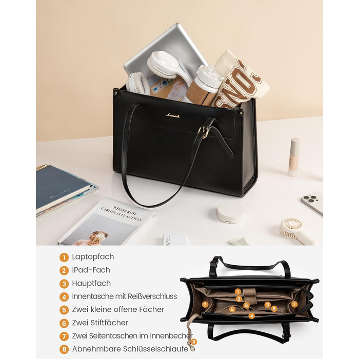 LOVEVOOK Сумка для ноутбука 15.6 дюймів, жіноча, велика, водонепроникна, сумка-шоппер, ділова, з PU шкіри, для офісу, навчання, чорна