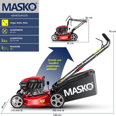 Бензиновий газонокосарка MASKO® 5in1 | Ширина косіння 51 см | 8 положень висоти стрижки | 4-тактний OHV двигун 6.0 PS | Об'єм кошика 65 л | В комплекті: комплект для мульчування, боковий викид (ширина 42 см)