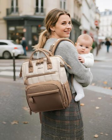 LOVEVOOK Рюкзак-переноска для мами та тата, рюкзак-пеленальник, сумка для підгузків, водонепроникна, з пеленальною підкладкою, з ременями для дитячої коляски, Khaki-beige