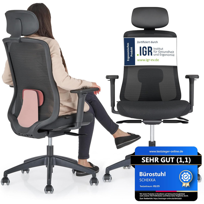 Офісний стілець SCHEKKA® Ергономічний - Індивідуально регульований, з підтримкою попереку, 3D підлокітники та дихаюча сітка - Макс. 150 кг (Без підголовника, Чорний/Червоний)