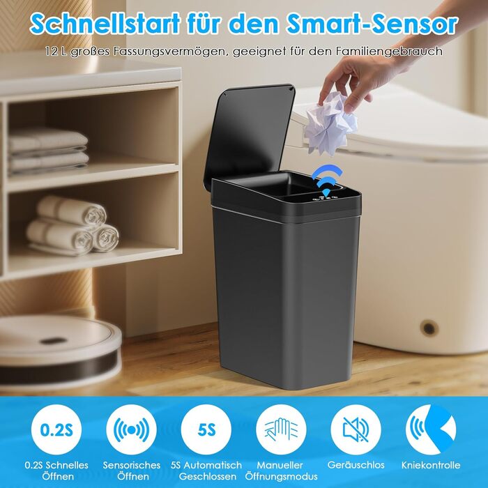 Набір з 2 електричних сміттєвих баків Dreamhigh® 12L з датчиком, автоматичним відкриванням, 3 режимами відкривання, тихим, водонепроникним корпусом для кухні, ванної, офісу, вітальні, чорний