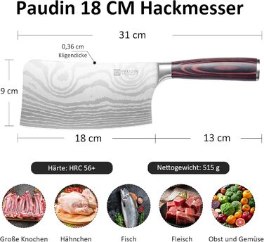PAUDIN Ніж Сантоку з Дамаської сталі 13 см, професійний кухонний ніж для кухні, надзвичайно гострий, з високоякісної нержавіючої сталі та ергономічною ручкою G10 (ніж-сікач 18 см)