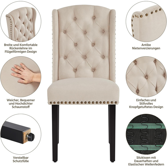 Набір з 4 кухонних стільців Yaheetech з м'яким сидінням та спинкою, бежевий (до 140 кг)