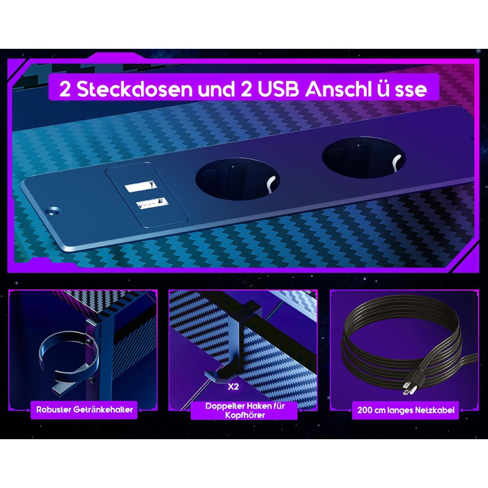 Ігровий стіл ODK 129x129 см з LED підсвічуванням, 2 розетки та USB зарядкою, стіл для ПК, комп'ютерний стіл, колір: чорний вуглеволокно