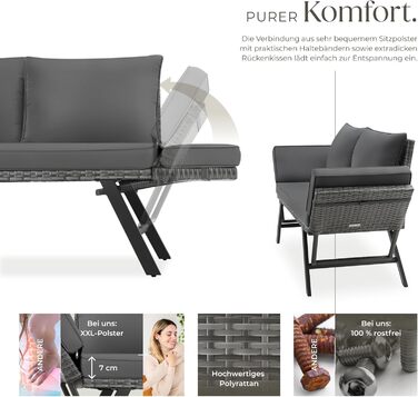 Садовий диван-шезлонг Tectake з ротангу, сірий - вуличні меблі для відпочинку з функцією сну та відкидними підлокітниками