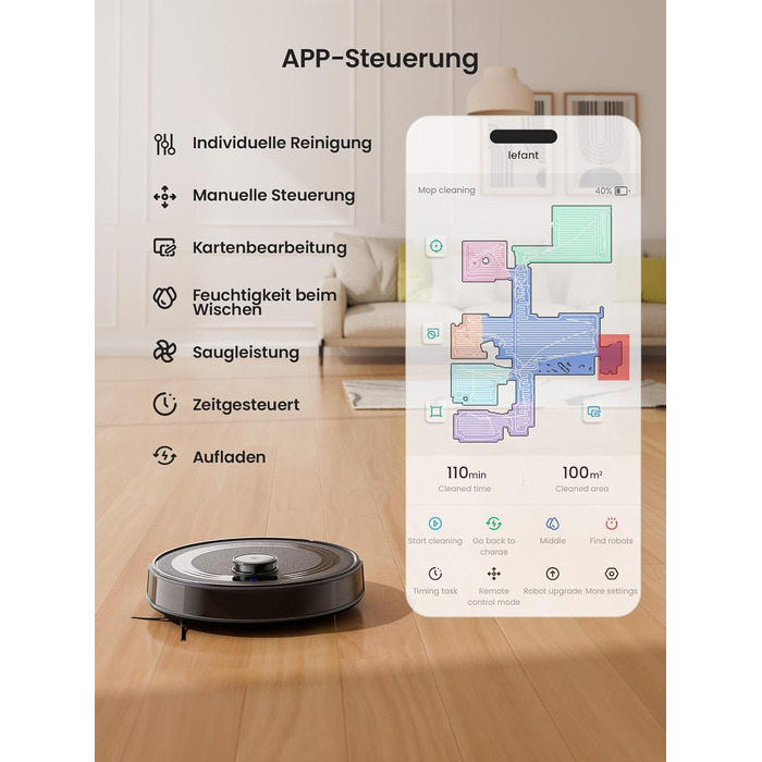 Робот-пилосос LEFANT M2 з функцією миття, 6000Pa, LiDAR-навігація, зони заборони, 140 хв, багатоступінчасте мапування, для тварин, килимів та твердих підлог (M2S-B)