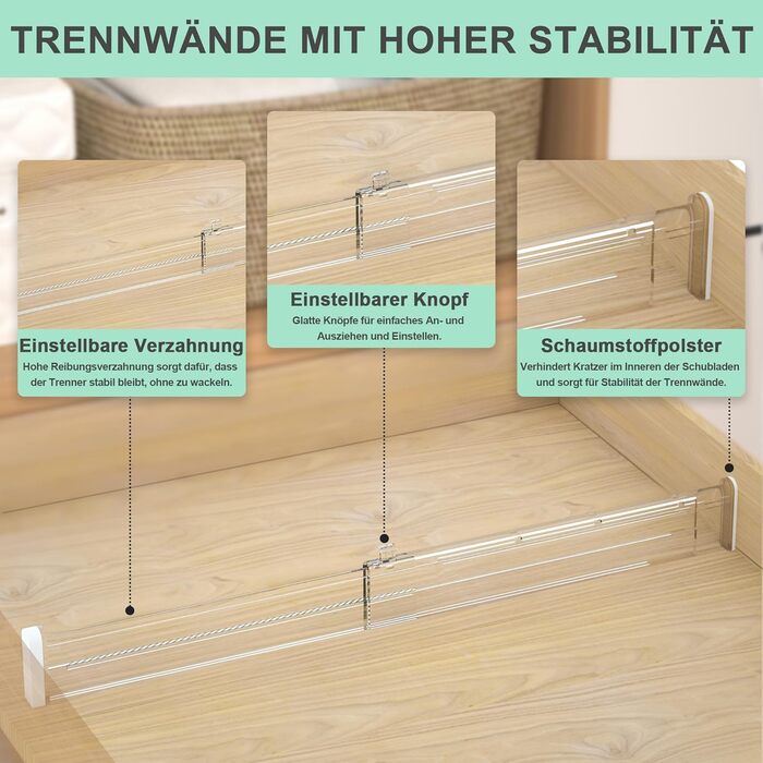 FUNIZE Регульовані роздільники для ящиків з вставками, 8 шт., роздільники 32-58 см + 16 шт. вставок 9-18 см, органайзер для ящиків, кухня, спальня, офіс, прозорий, 6 см висота