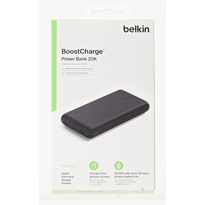 Портативний зарядний пристрій Belkin USB-C 20 000 мАг Power Bank з USB-C/USB-A для iPhone та інших пристроїв - чорний