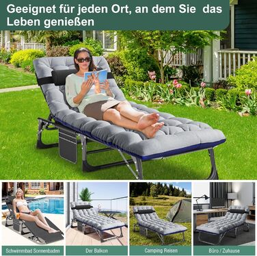 Розкладне кемпінгове ліжко з матрацом та кишенями, сталева рама, навантаження до 200 кг, 190x71x36 см, сіро-сланцевий колір — для кемпінгу, саду та офісу