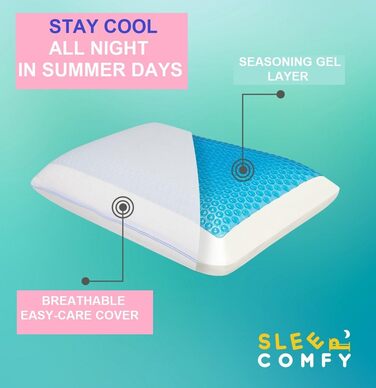 Ортопедична подушка для сну Comfy Premium Gel Memory Foam з гелевим охолодженням, 60x40x14/12 см. Підтримка шиї, для тих, хто спить на боці та на спині.