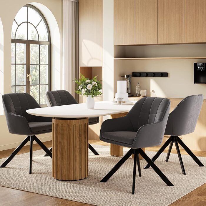 Набір з 6 обертових кухонних стільців сірого кольору з підлокітниками, з м'яким сидінням, для вітальні та кухні. Стільці з металевими ніжками, оббивка з велюру.