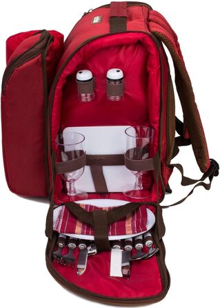 Рюкзак для пікніка на 2 людини, рюкзак для пікніка, сумка-холодильник з набором посуду і ковдрою (червоний)