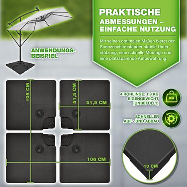 Підставка для парасольки Tillvex® 90 літрів / 120 кг – 4 частини для парасольки-намету з металевим з'єднувачем | Заповнюється водою або піском | Чорна, стійка до погодних умов