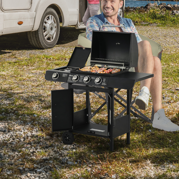 Газовий гриль Outsunny BBQ на коліщатках з 3 пальниками та 1 бічним пальником, редуктор та шланги, багатофункціональний, сталь, чорний, 110x50x100 см